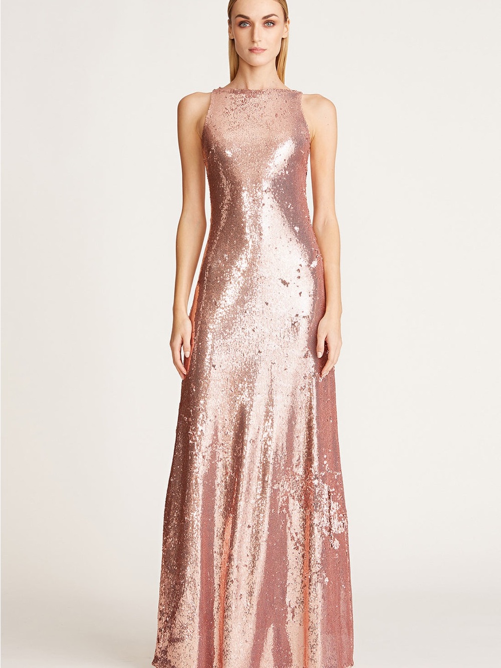 Halston Madden Back Twist Gown in Shimmering Rose Gold